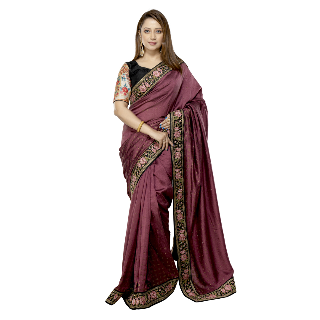 ANGOSREE   Wine colour Hot fixing stone work  Designer Silk Saree with Hand Embroidered Parsi Gara  Border, Authentic Vintage Art  and Unstitched Blouse