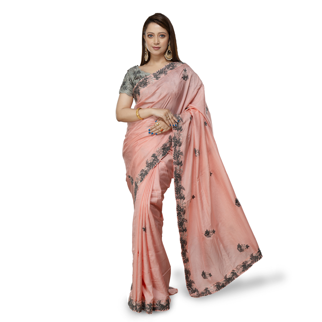 ANGOSREE  Lemonade  Pink colour Designer Silk Saree with Hand Embroidered Embellished Border, Authentic Vintage Art  and Anchor Gray Ready to Wear Designer Embellished Blouse