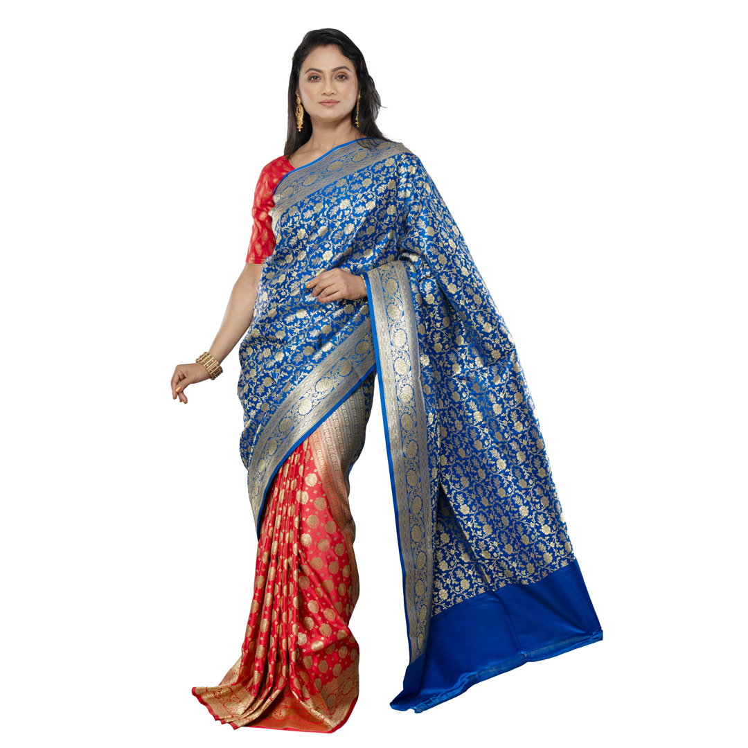 ANGOSREE  Strawberry and Blue Half and Half Woven Design Banarasi Saree, Authentic Vintage Art with  Blouse piece