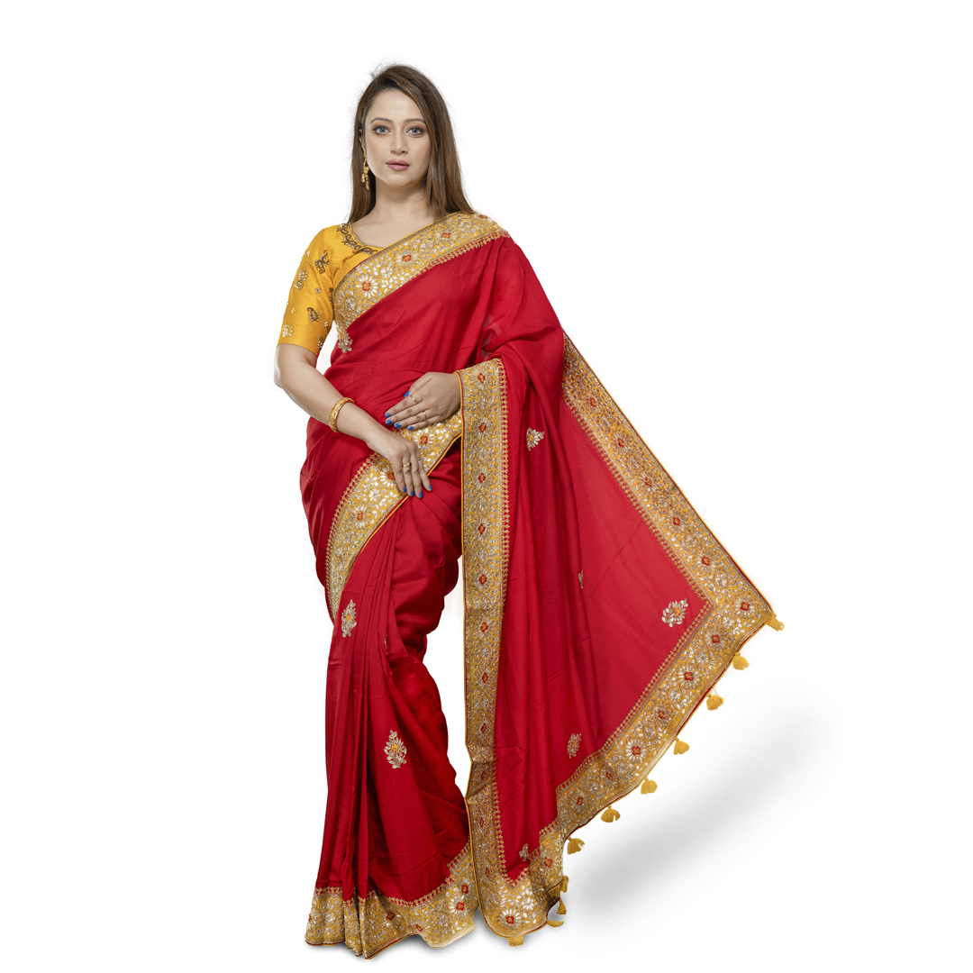 ANGOSREE   Red  Silk with Yellow Contrast Hand Embroidered Work Saree and Yellow Silk Embroidery Blouse piece