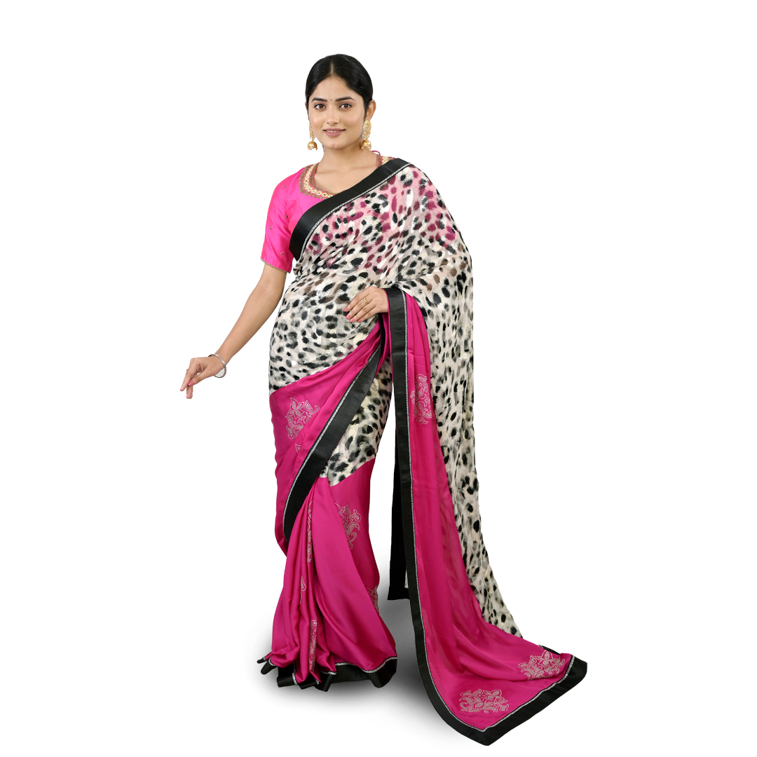 ANGOSREE  White and Black Animal Print with  Magenta chiffon Stone work half and half saree with Black Satin Embellished Border and  Unstitched Black Embellished Blouse