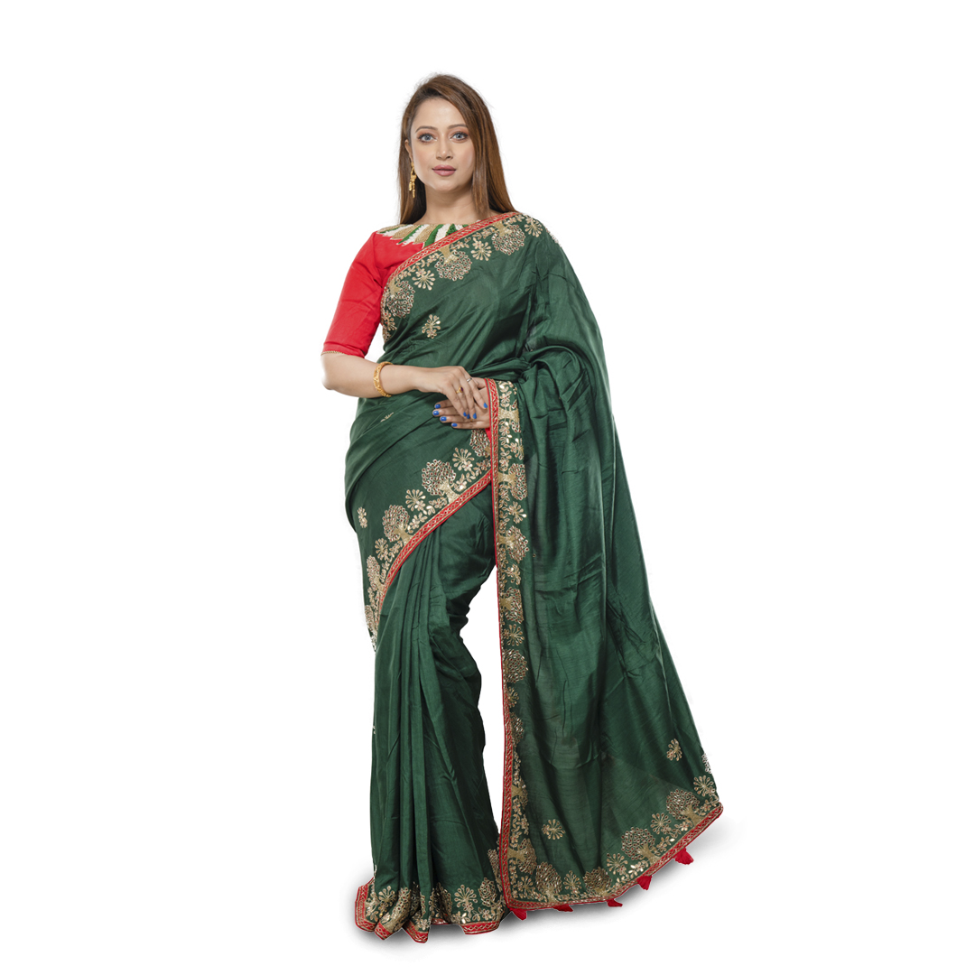 ANGOSREE  Emerald Green  Silk Hand Embroidery Work Saree with Red Silk Embroidered Blouse piece