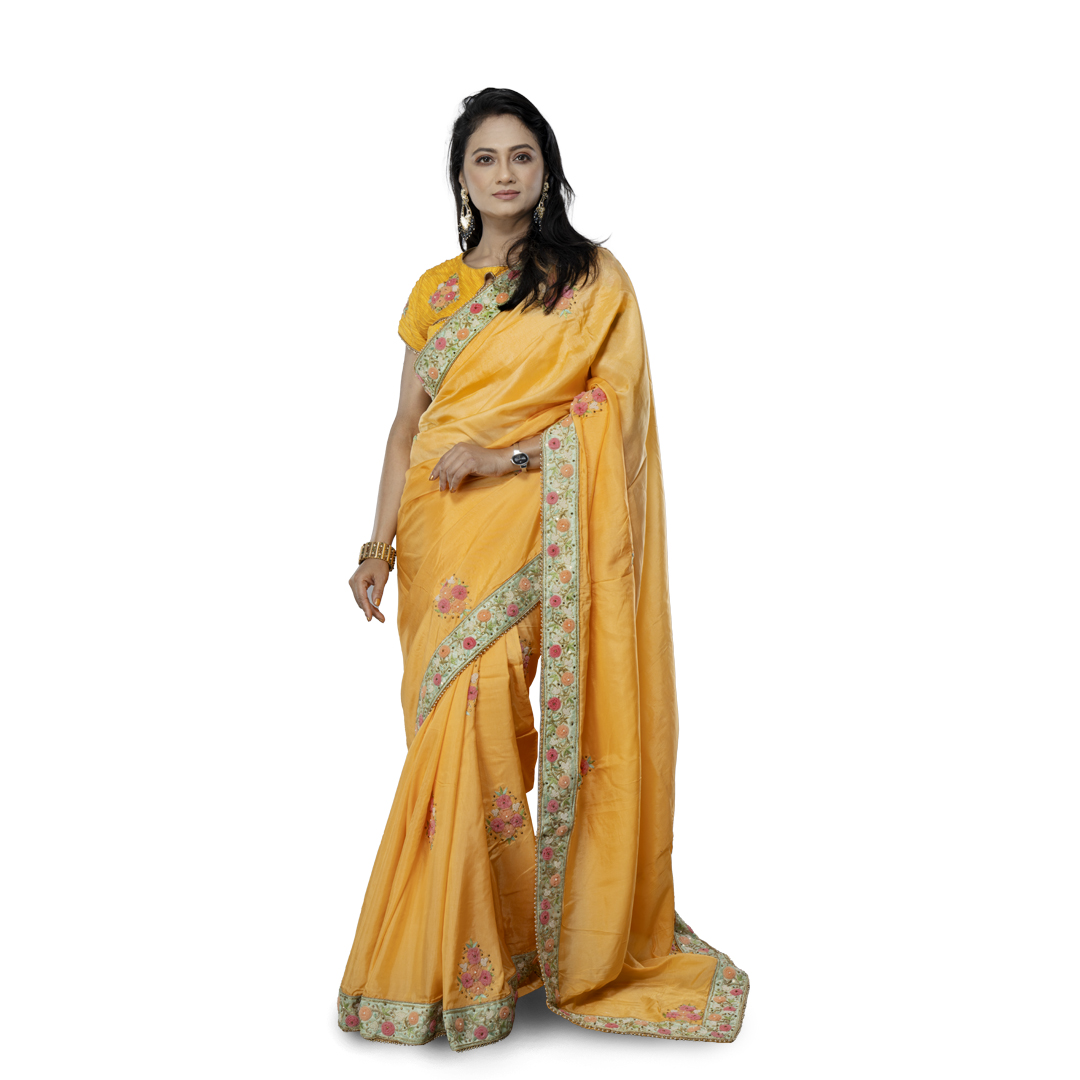 ANGOSREE   Royal Yellow Silk Saree with Mint Contrast Hand Embroidered patch Work Border and Yellow Silk Embroidery ready to wear Blouse