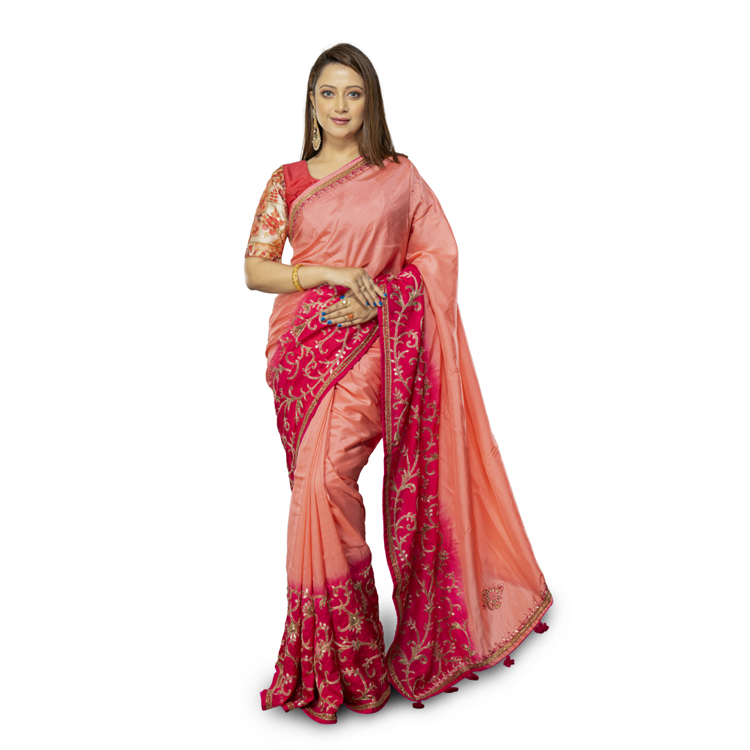 ANGOSREE Peachy Pink and Barbie Pink half and half Tie and dye Silk Saree with Silver Tube beads Embellished Floral Design and Barbie Pink  Blouse piece