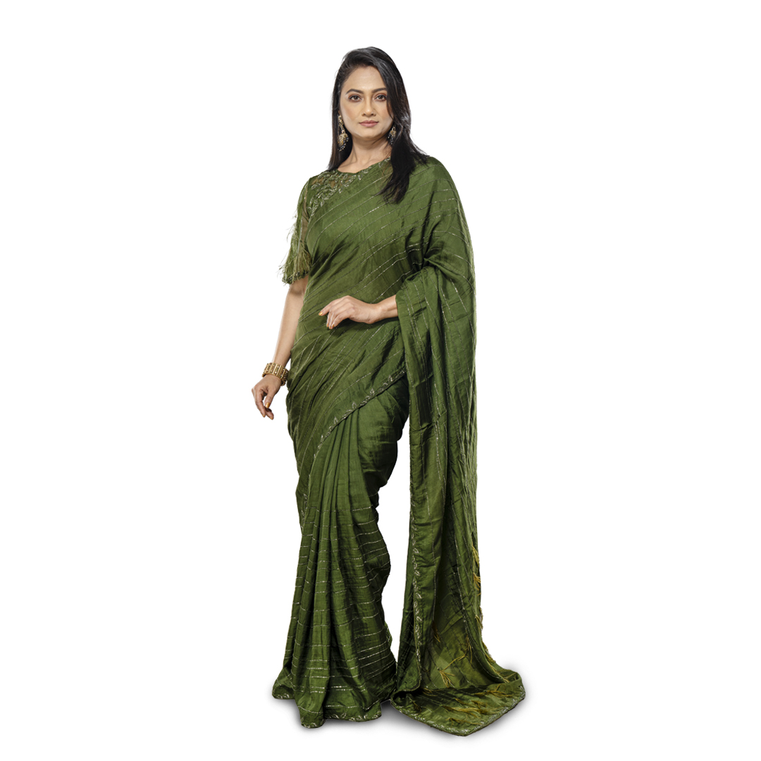 ANGOSREE Olive Green Silk  with Silver beads Embellished  Designer Silk Saree with  Floral Tussle and Ready to Wear Blouse