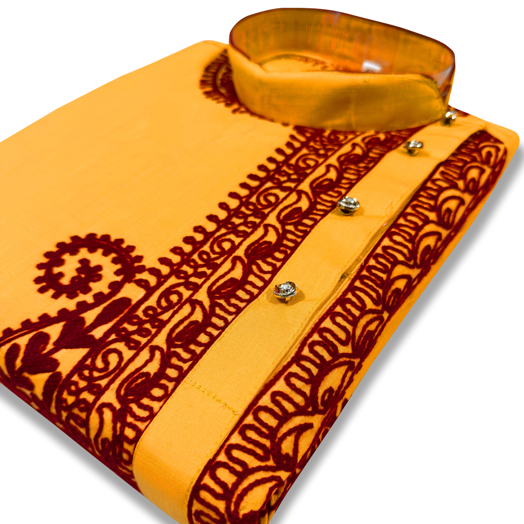 ANGOSREE Most Trendy Premium Yellow and Maroon Cotton  Embroidered kurta