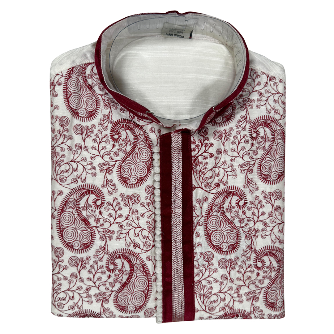 ANGOSREE Most Trendy Premium white Cotton and Red Ethnic Mango motif Embroidered kurta