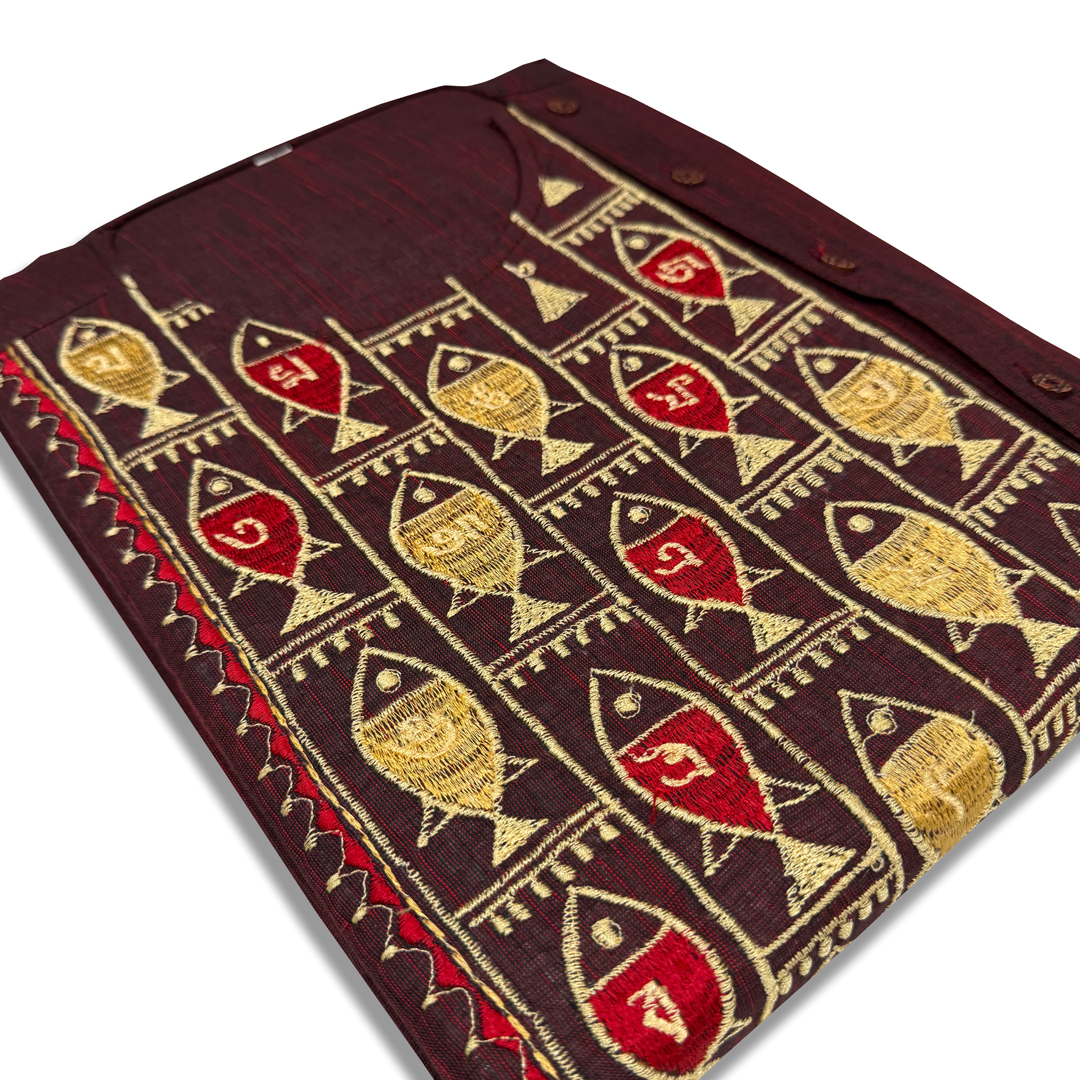 ANGOSREE Most Trendy Premium Walnut Brown Cotton and Red and Yellow Ethnic Fish motif Embroidered kurta
