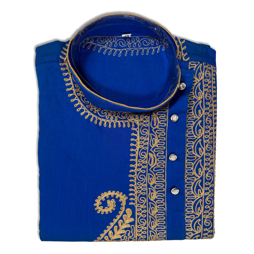 ANGOSREE Most Trendy Premium Cotton Royal Blue and Light French Beige   Embroidered  kurta