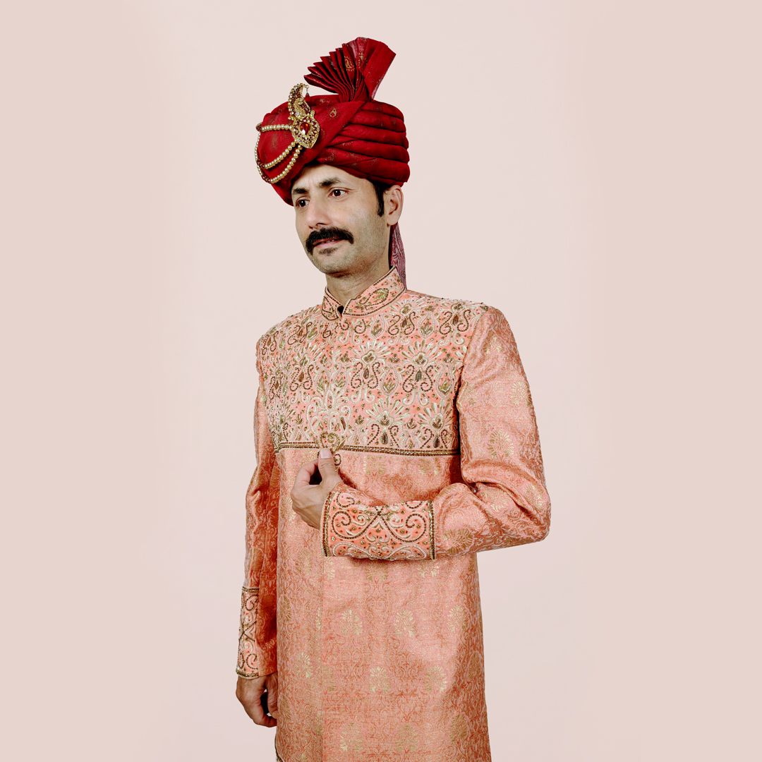 ANGOSREE Men's Ethnic Wear Woven design Embroidered regular Fit Peachy Pink Indo - Western Sherwani set with Safa and Dupatta.