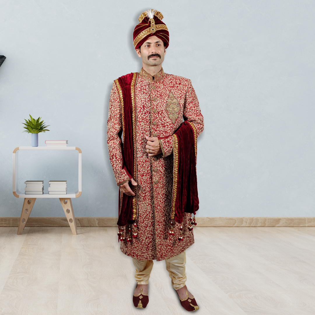 ANGOSREE Men's Ethnic Wear Woven design Embroidered regular Fit Multi - Red with Beige colour Allover Embroidered Indo - Western Sherwani set with Safa and Dupatta.