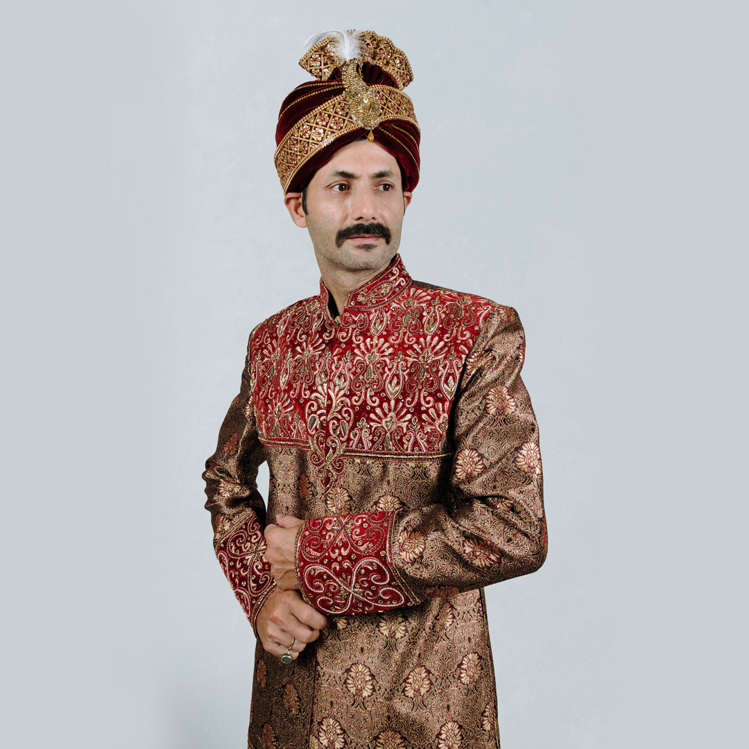 ANGOSREE Men's Ethnic Wear Woven design Embroidered regular Fit Maroon Indo - Western Sherwani set with Safa and Dupatta.